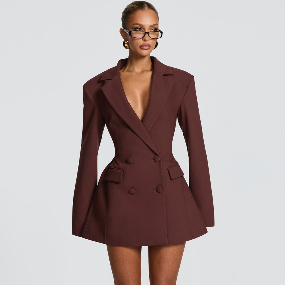 Women'S Formal Wear Jackets - ชุดเดรสเบลเซอร์ทรงบานสีน้ำตาลสำหรับผู้หญิง ดีไซน์หรูหรา กระดุมสองแถว ปกแบบ Notched Lapel