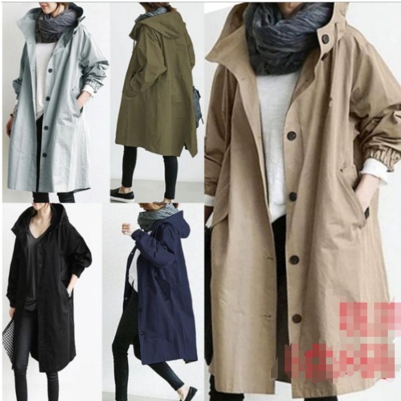 Trench Coat Formal - เสื้อโค้ทเทรนช์โค้ทผู้หญิงแฟชั่นสำหรับฤดูใบไม้ผลิและฤดูใบไม้ร่วง กันลม มีฮู้ด เสื้อพาร์กาโอเวอร์โค้ททรงหลวมลำลองสำหรับผู้หญิง ไซส์ 4XL