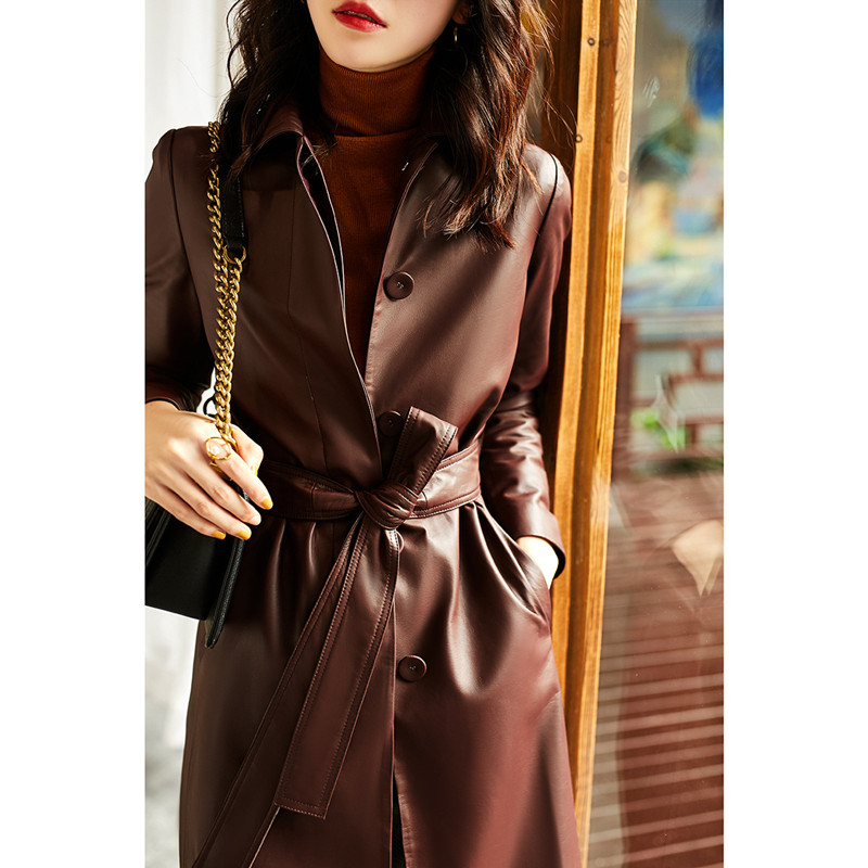 Trench Coat Formal - เสื้อโค้ทหนังแท้สำหรับผู้หญิง ไซส์ใหญ่ แต่งเชือกผูก หนังแกะแท้ ทรงยาว เหมาะสำหรับฤดูใบไม้ผลิและฤดูใบไม้ร่วง