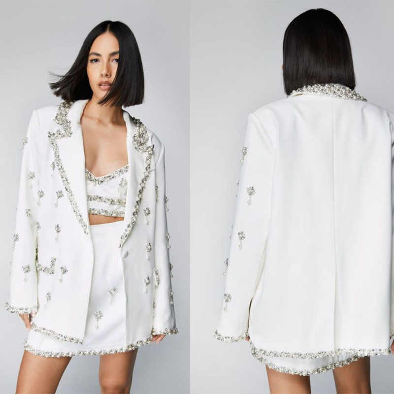 Women'S Formal Wear Jackets - 3 ชิ้น Sparkly ผู้หญิง Blazer ชุดที่กําหนดเองคริสตัลประดับด้วยลูกปัดชุดสุภาพสตรีชุดกางเกงอย่างเป็นทางการงานแต่งงานสวมใส่