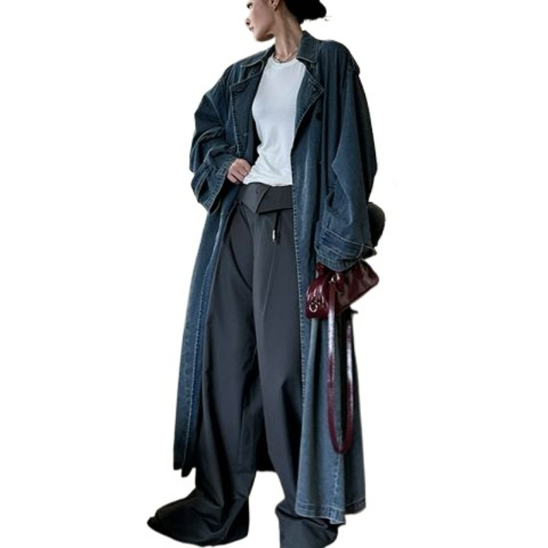 Trench Coat Formal - เสื้อโค้ทยีนส์สไตล์ฝรั่งเศสย้อนยุคสำหรับผู้หญิง คอลเลคชั่นฤดูใบไม้ร่วงใหม่ สไตล์หลวมๆ ย้อนยุค และลำลอง เสื้อคลุมยาวระดับไฮเอนด์