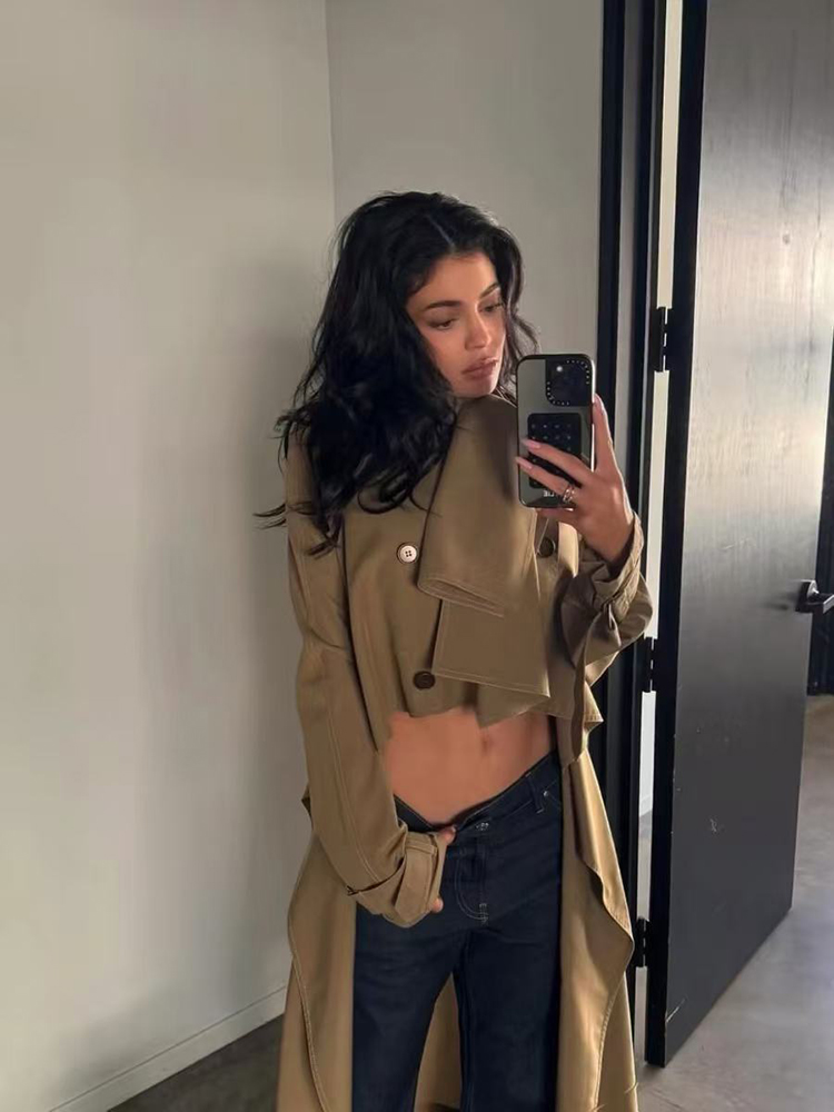 Trench Coat Formal - เสื้อโค้ทเทรนช์ผู้หญิง ทรงยาวด้านหน้าสั้นด้านหลัง กระดุมสองแถว เซ็กซี่ สำหรับฤดูใบไม้ร่วง พร้อมเข็มขัด