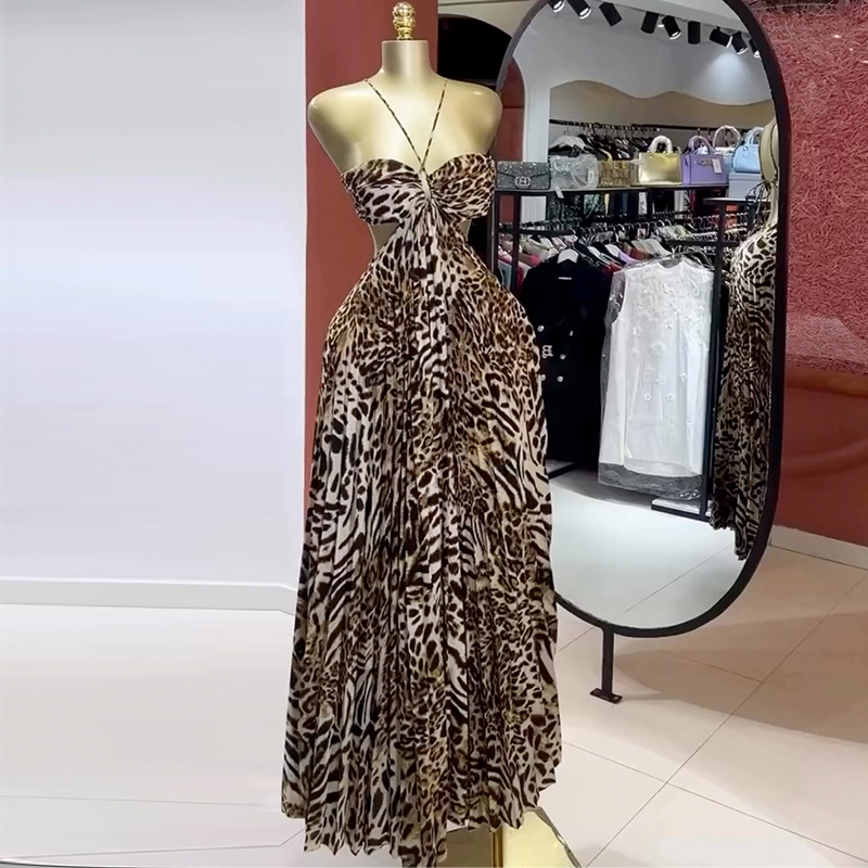 Women'S Holiday Formal Wear - ชุดราตรีลายเสือดาวสำหรับผู้หญิง ชุดเดรสเซ็กซี่ลายทางเว้าหลังผูกเชือก ชุดราตรียาวสำหรับงานปาร์ตี้ ชุดลำลองสำหรับงานพรอม ชุดไปเที่ยวทะเล ชุดสำหรับวันหยุด