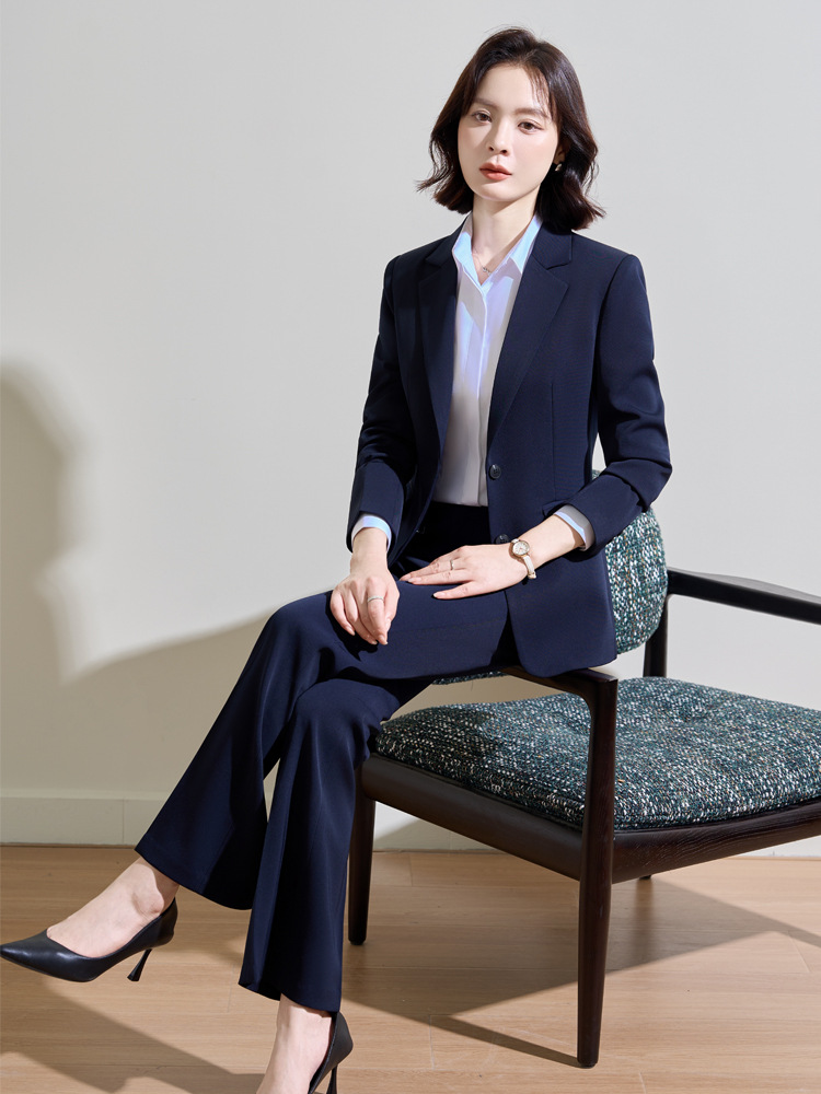 Women'S Formal Wear Pantsuits - ชุดสูทสีน้ำเงินกรมท่าสำหรับผู้หญิง ใส่ได้ในฤดูใบไม้ผลิและฤดูใบไม้ร่วง เหมาะสำหรับการสัมภาษณ์และการทำงาน ดูสง่างามและเหมาะสำหรับการเดินทาง กระดุมเดียว