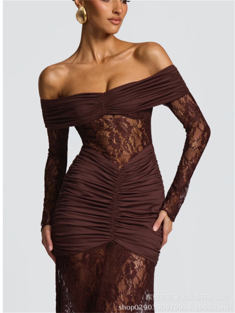 Women'S Holiday Formal Wear - เซ็กซี่ลูกไม้ Mermaid ผู้หญิงชุดราตรีเซ็กซี่ปิดไหล่แขนยาวชุดพรรคยาว Robe Casual Beach