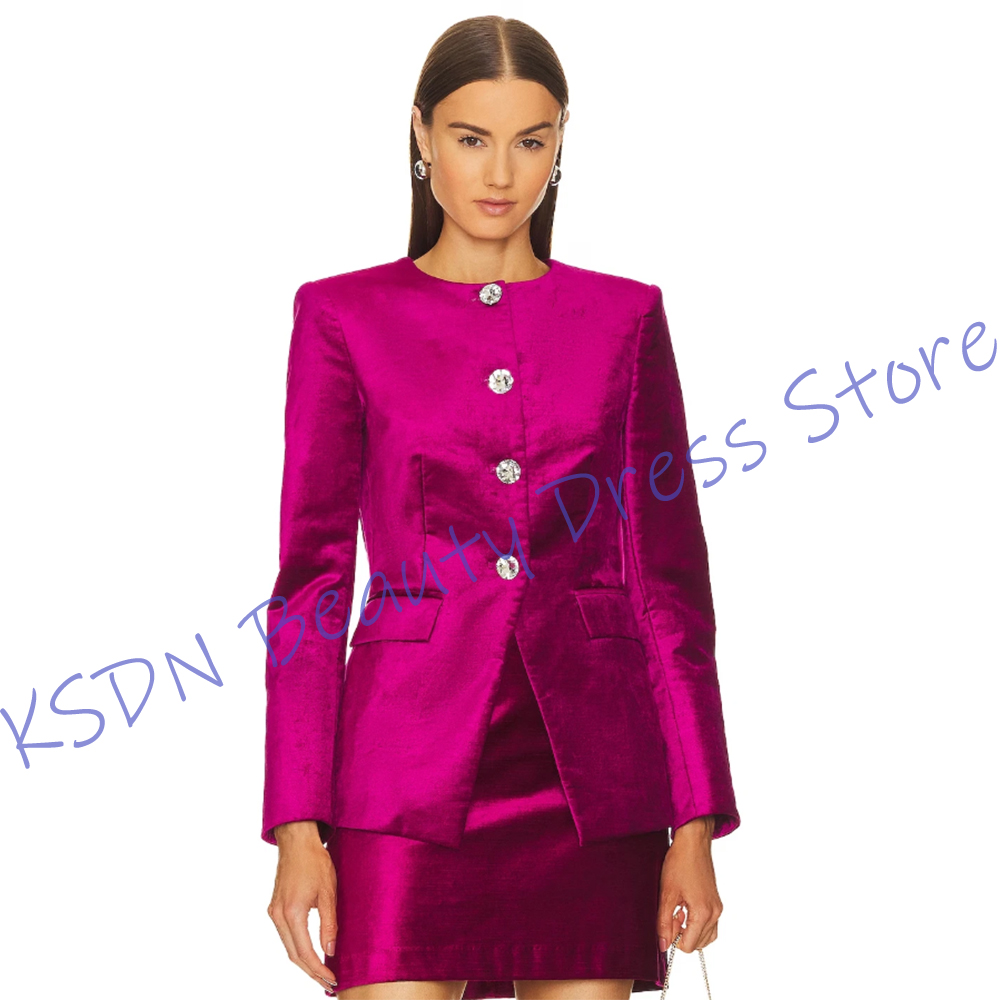 Women'S Formal Wear Jackets - ชุดสูทผู้หญิงแบบกระดุมแถวเดียว สีชมพูสด ผ้าซาติน สองชิ้น (เสื้อแจ็คเก็ต+กระโปรงสั้น) ชุดทำงานสุดหรู