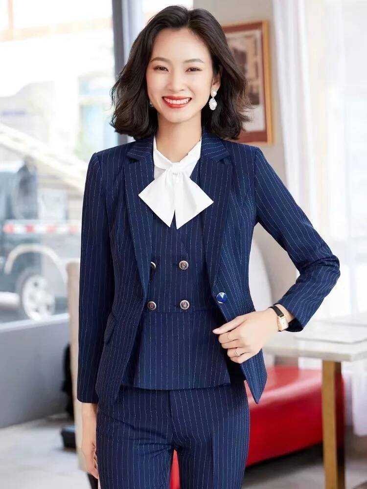 Women'S Formal Wear Pantsuits - ชุดสูททำงานลายทางสำหรับผู้หญิง สไตล์ทางการ เหมาะสำหรับใส่ทำงานในออฟฟิศ ชุดเบลเซอร์สำหรับฤดูใบไม้ร่วงและฤดูหนาว ชุดสัมภาษณ์งาน