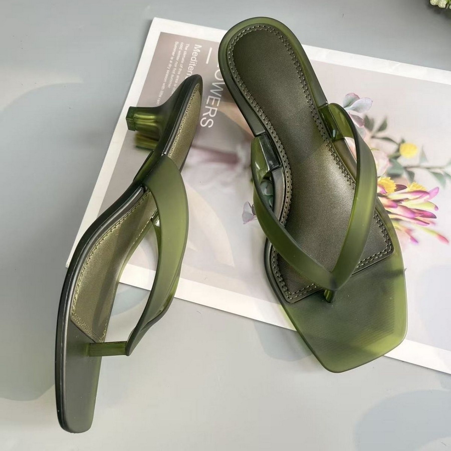 Kitten Heel Women - รองเท้าแตะแบบสวมสีเขียวมะกอก PVC สไตล์เกาหลี สำหรับผู้หญิง ส้นเตี้ยแบบใส หัวเหลี่ยม