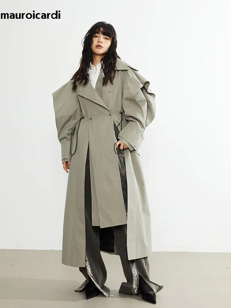 Trench Coat Formal - Mauroicardi ฤดูใบไม้ผลิยาวขนาดใหญ่ Elegant Ruffled Trench Coat