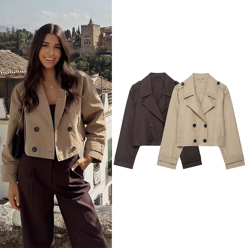 Trench Coat Formal - เสื้อโค้ทเทรนช์สั้นแบบกระดุมสองแถวสำหรับผู้หญิง ปกพับ แขนยาว สไตล์วินเทจ เสื้อคลุมแฟชั่นสุดชิค