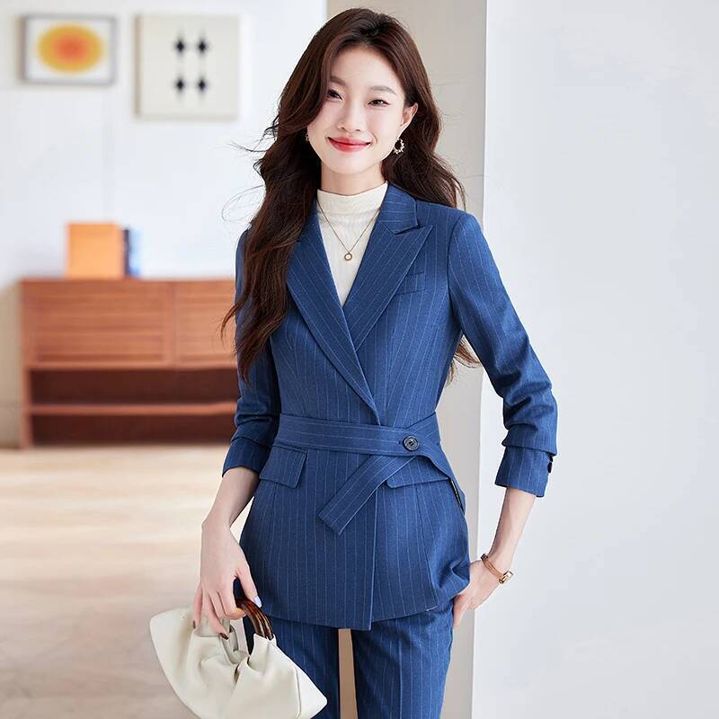 Women'S Formal Wear Pantsuits - ชุดสูทผ้าคุณภาพสูง ลายทางหรูหรา สำหรับฤดูใบไม้ร่วงและฤดูหนาว เหมาะสำหรับงานสัมภาษณ์งาน ชุดกางเกงขายาวสำหรับผู้หญิง พร้อมเสื้อเบลเซอร์แบบมืออาชีพ