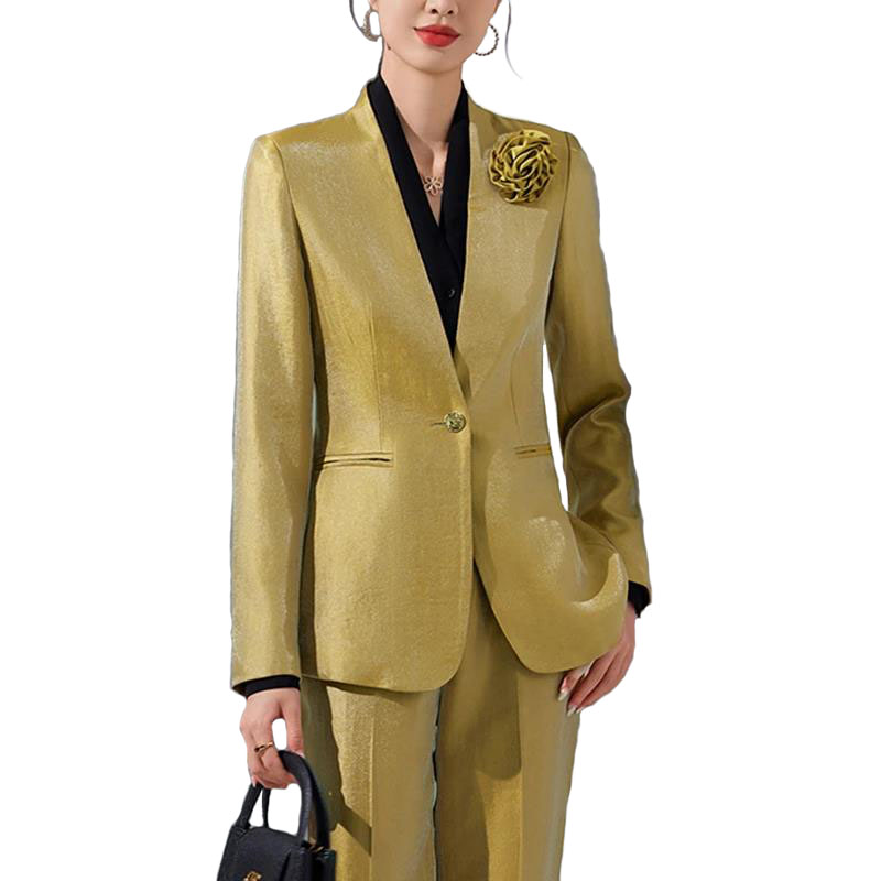 Women'S Formal Wear Pantsuits - ผู้หญิงBlazerกางเกงชุดทองAppliques 2 ชิ้น 2024 ฤดูใบไม้ร่วงทํางานกางเกงอย่างเป็นทางการสีทึบเสื้อแขนยาวPantsuit