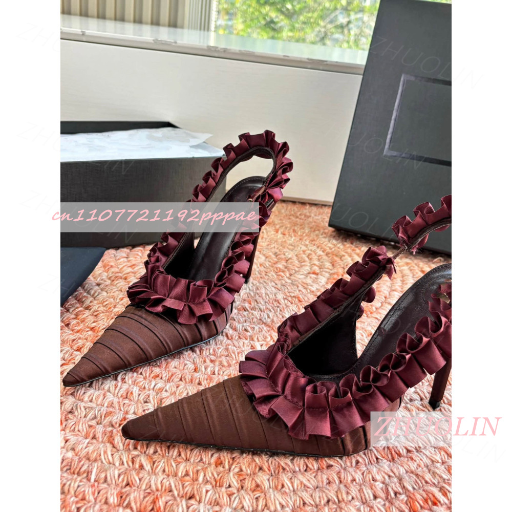 Slingback Heel Formal - รองเท้าส้นสูงแบบสลิงแบ็ค สีเบอร์กันดี ผ้าซาตินจับจีบแต่งระบาย ปลายแหลม สำหรับงานแต่งงาน งานเลี้ยงตอนเย็น