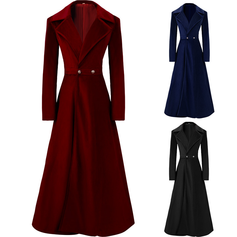 Trench Coat Formal - เสื้อโค้ททรงยาวแบบมีปกเว้าสไตล์วิคตอเรียนโกธิคสำหรับผู้หญิง ยุคศตวรรษที่ 19 ผ้ากำมะหยี่ทรงเข้ารูป