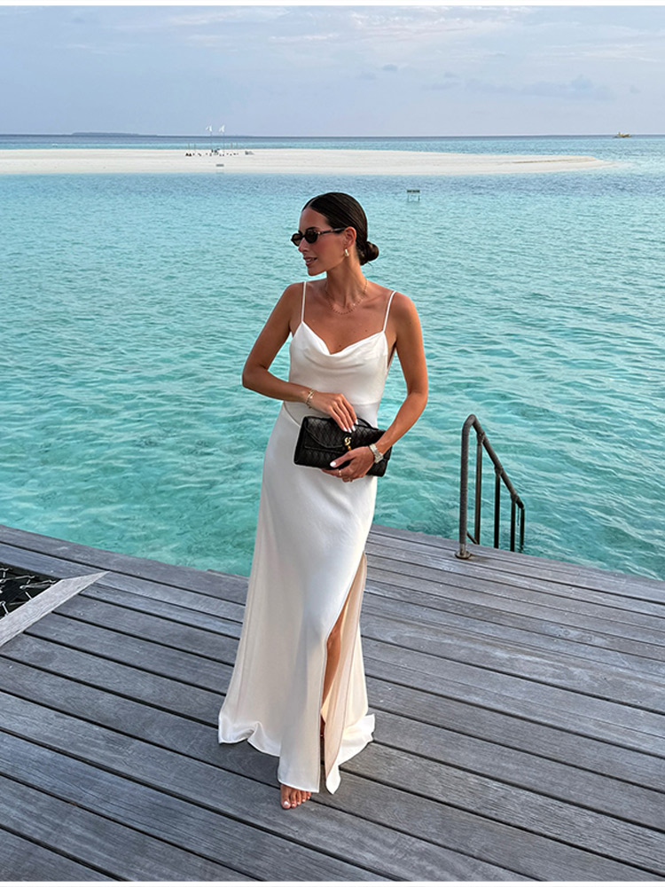 เดรสยาวผ้าซาตินคอวี แขนกุด เปิ - Women'S Holiday Formal Wear บทวิจารณ์และราคา